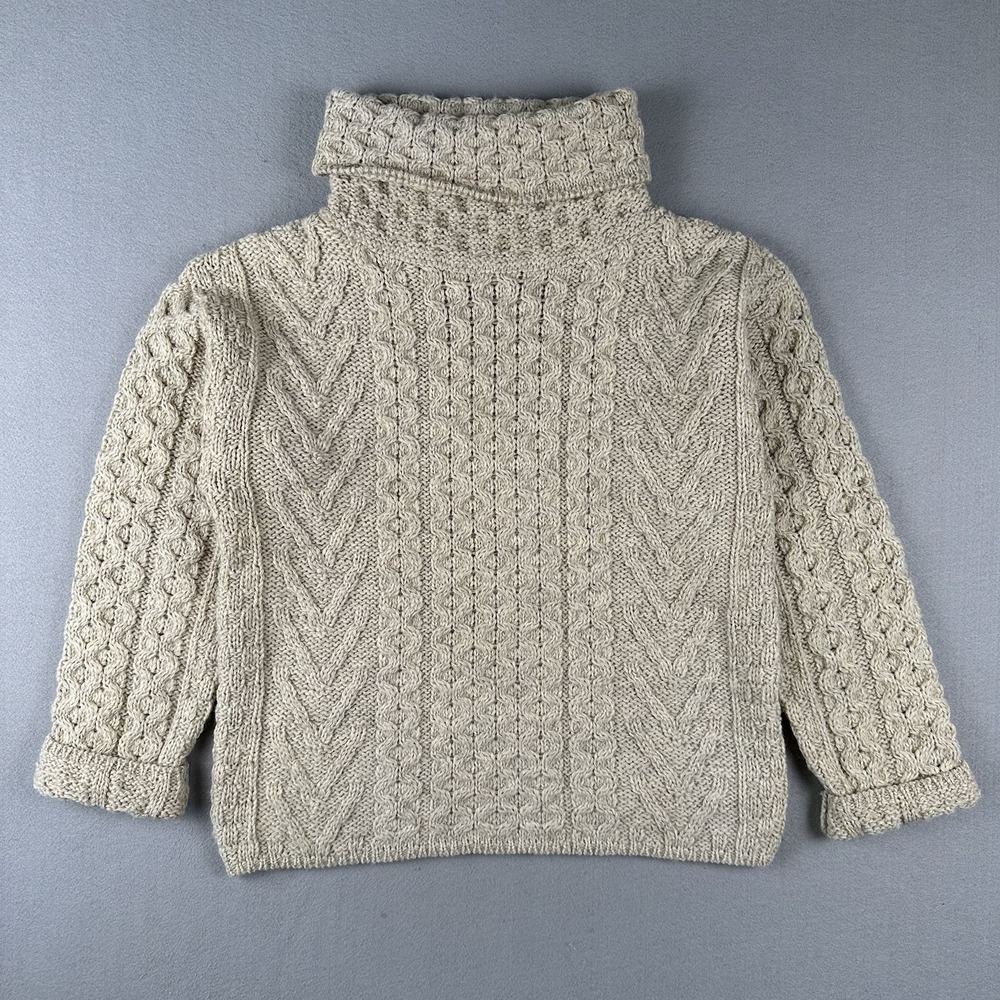 Aran Crafts Turtleneck Sweater Women's Large Beige Wool Fisherman Cable Knit